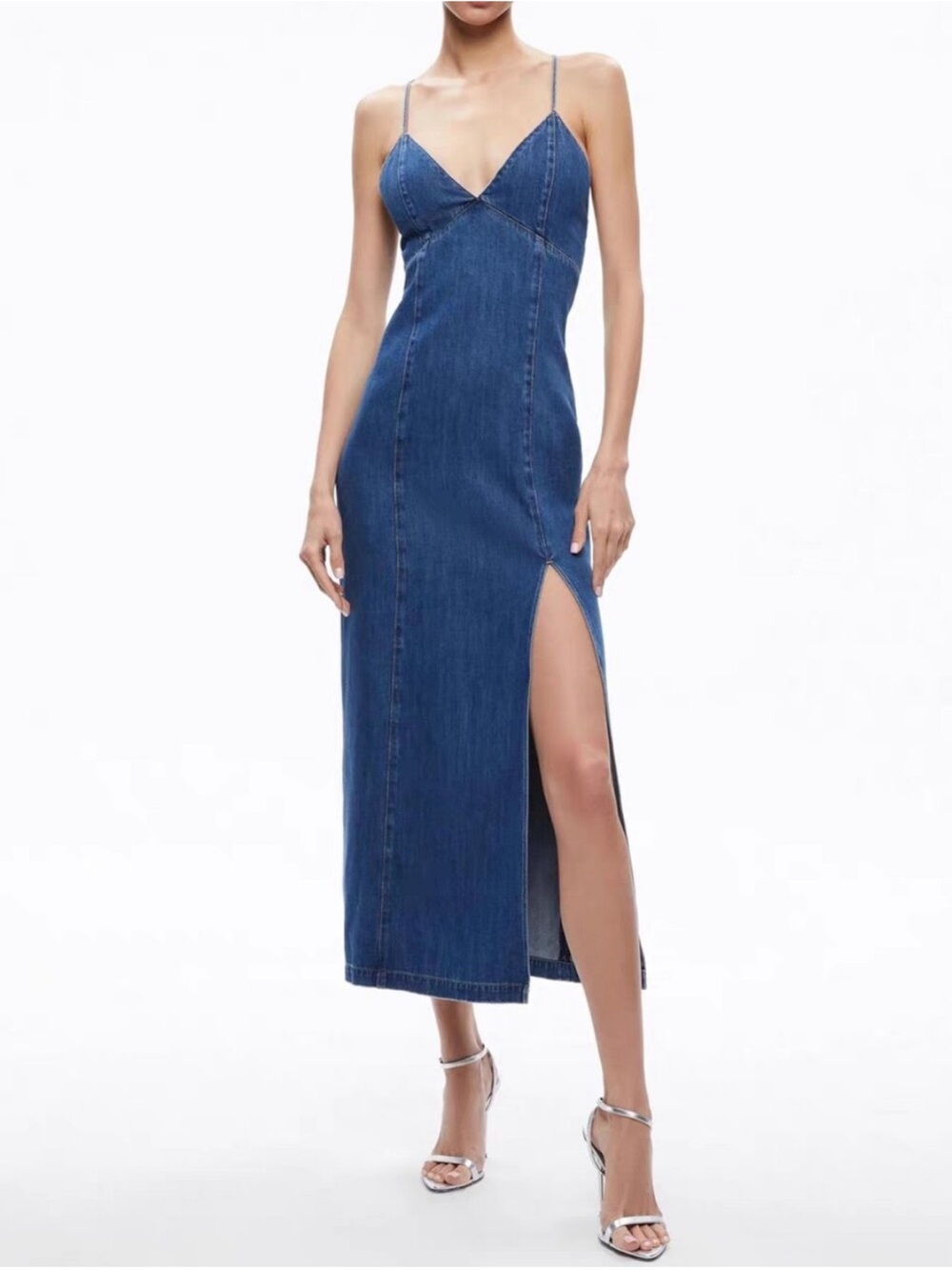 Blue Denim Slip Maxi Dress with Side Slit